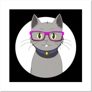 Cute Grey Cat with Nerdy Pink Glasses - Anime Shirt Posters and Art